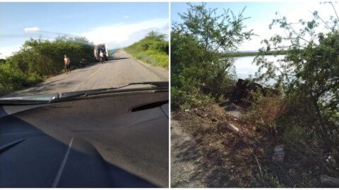 Caminhão tomba e cai dentro de açude entre Patos e São José do Bonfim