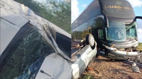 Acidente com ônibus da Banda Limão com Mel e mais dois carros deixa feridos, na Bahia