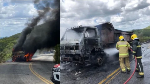Caminhão carregado com material de asfalto pega fogo na Serra do Teixeira