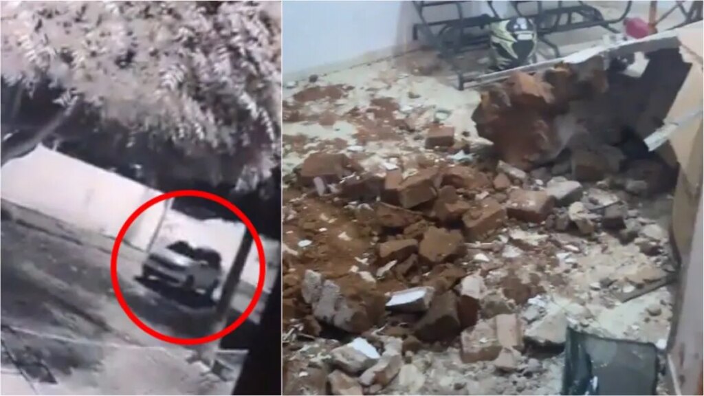 Motorista engata ré em carro, derruba parede de residência e depois foge, em Patos