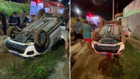 Vítimas ficam presas às ferragens após carro capotar, em Patos