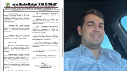 Prefeito de Condado reduz salários e suspende gratificações e diárias após queda no FPM e FUNDEB