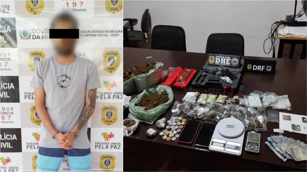 Operação conjunta da DHE e DRF prende suspeito de liderar tráfico e apreende entorpecentes e arma, em Patos