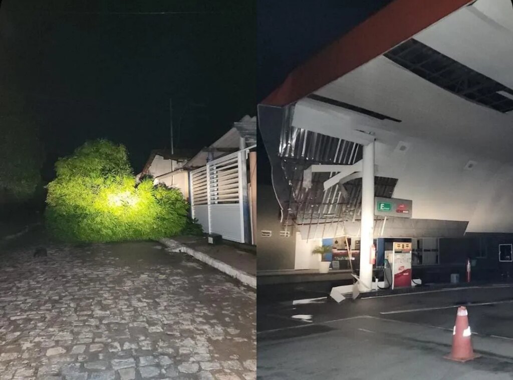 Forte chuva derruba coberta de posto de gasolina, árvores e deixa cidade de Catingueira 18 horas sem energia elétrica