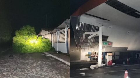 Forte chuva derruba coberta de posto de gasolina, árvores e deixa cidade de Catingueira 18 horas sem energia elétrica