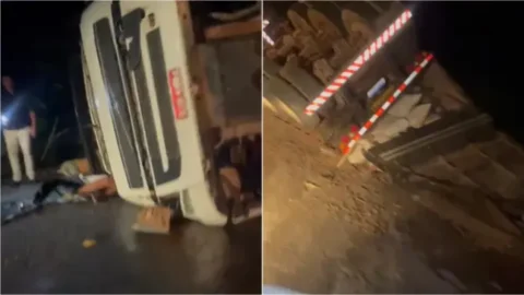 Motorista é socorrido após tombar carreta carregada de castanhas na Serra do Teixeira