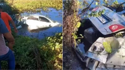 Carro cai em açude após motorista perder o controle do veículo, no Vale do Piancó
