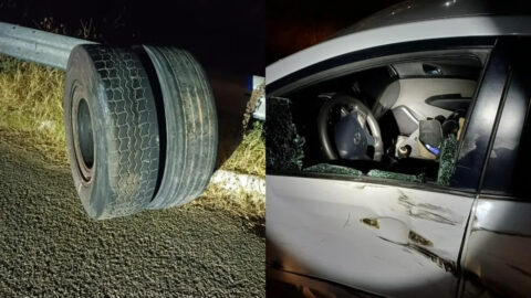 Roda de caminhão se solta e atinge carro na BR-230, em Patos