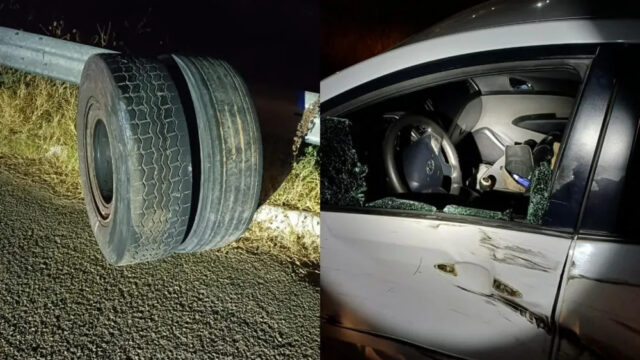 Roda de caminhão se solta e atinge carro na BR-230, em Patos